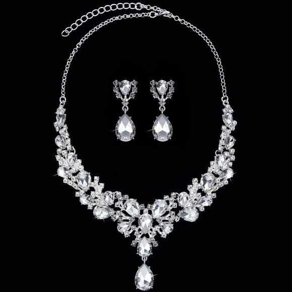 Women's Necklace Earrings Bridal Teardrop Cluster Crystal Jewelry Set Wedding - Picture 2 of 6